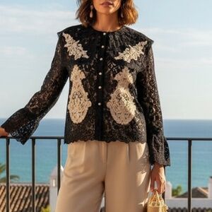 A362 Nancy Whimsical fashion Black Lace Top Gold Embroidered Button Front NWOT M